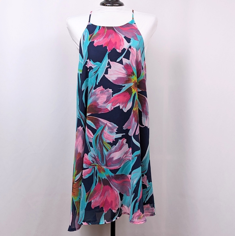 LuLu's Here and Luau Swing Dress Tropical Floral Print Spaghetti Strap Navy Med - Picture 2 of 15